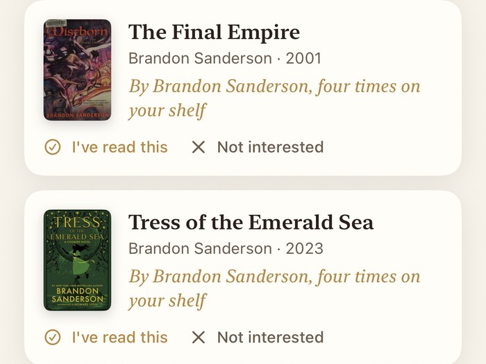 Papyrus's For You screen recommending The Final Empire and Tress of the Emerald Sea, both by Brandon Sanderson